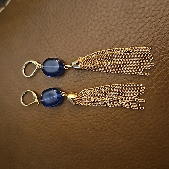 Vintage Blue Chain Fringe Holiday Dangle Hook Earrings - Picture 2 of 4